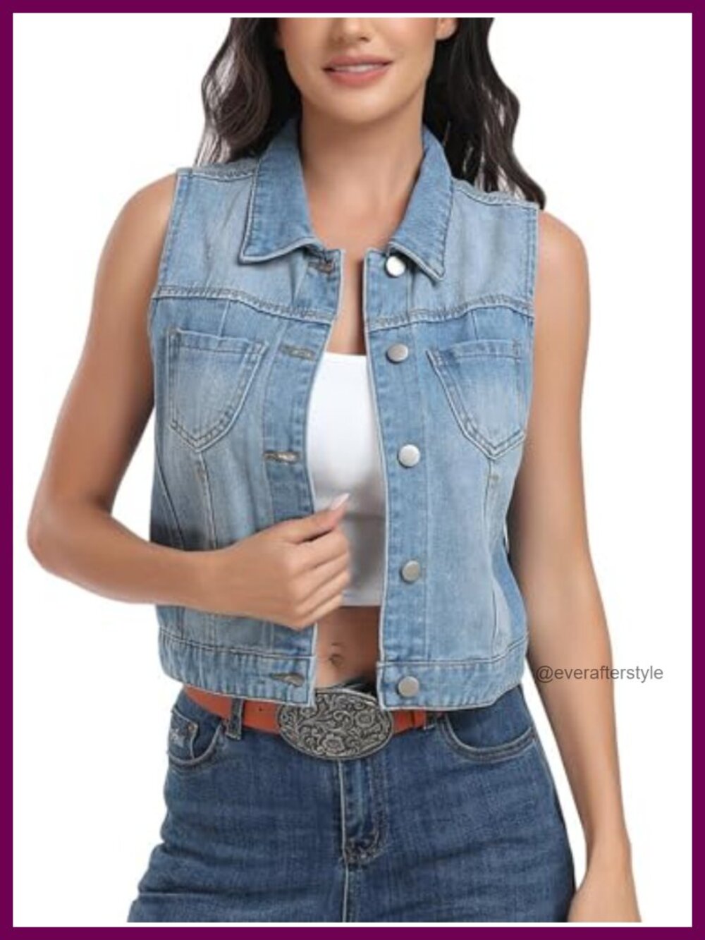 Sleeveless Cropped Denim Vest Distressed Spread Collar Button Jean Vest with